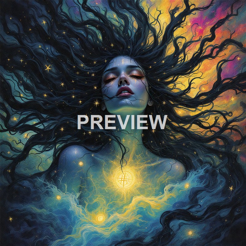 A surreal painting of a woman with closed eyes, long flowing dark hair intertwined with glowing stars and cosmic elements, with a luminous light emanating from her chest and a vibrant, colorful background.